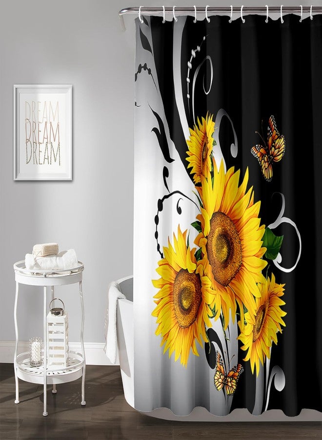 AILONEN Black and White Floral Shower Curtain, Yellow Sunflower Bath Curtain,Flower Butterfly Shower Curtain Decor,Minimalist Waterproof,Girls Women Bathroom Curtain, 72" W x 84" H - Image 2
